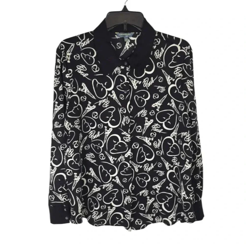 {Catherine Malandrino} Women's Paris Print Button Down Blouse - Size Large